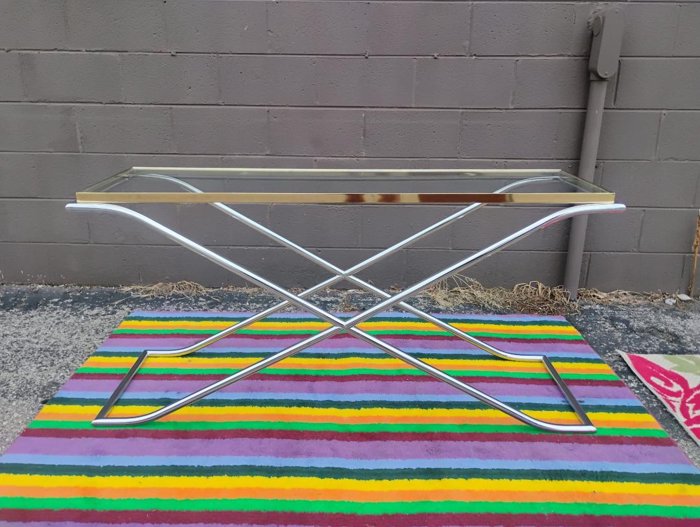 Hollywood Regency X Base Chrome and Brass Console Table